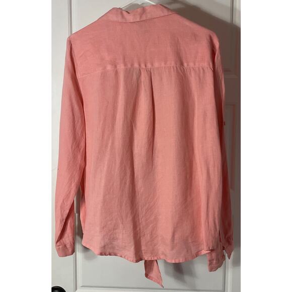 Harve Benard Peach Washable Linen Roll Tab Sleeve Button Down Tie Hem L - Picture 3 of 6